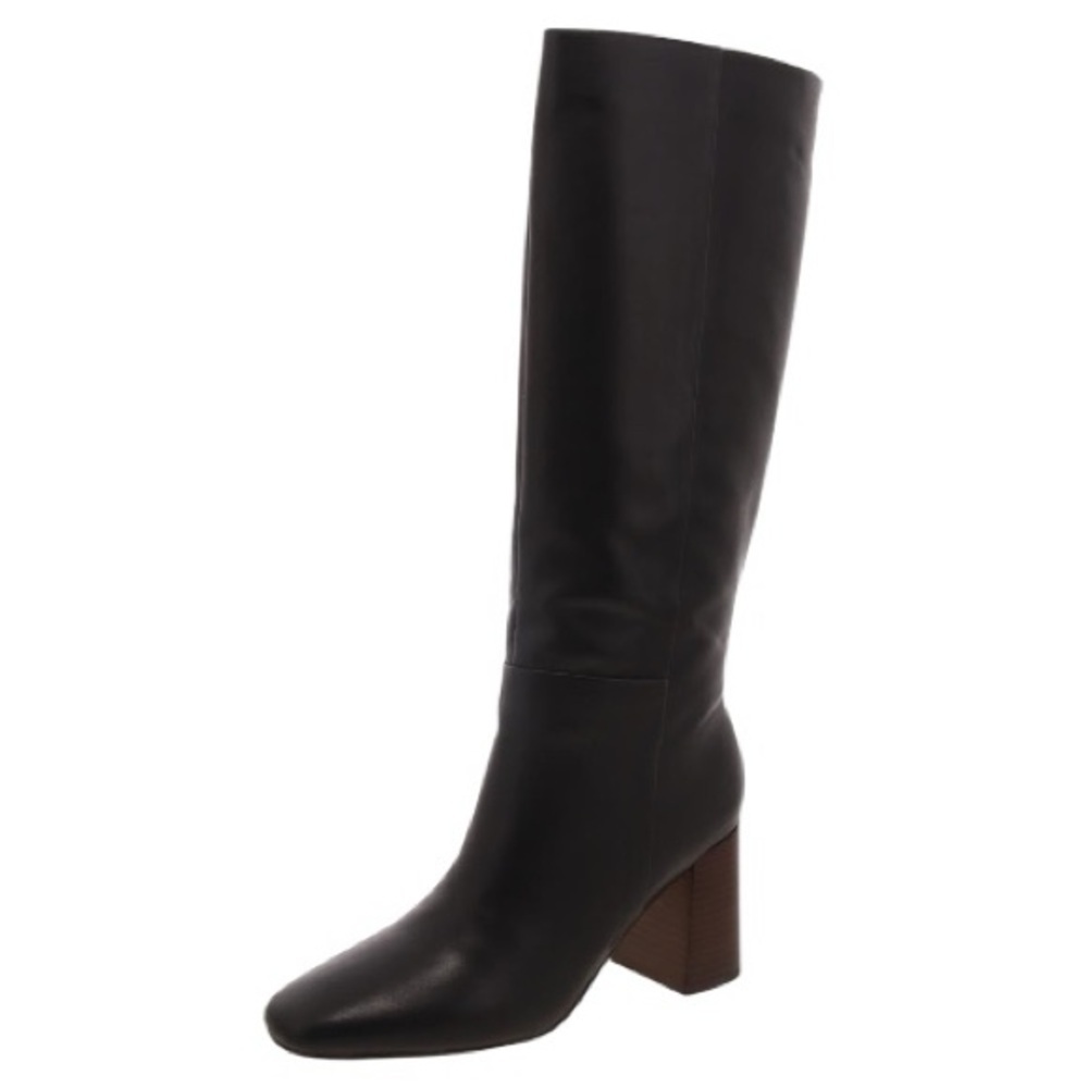 Calvin Klein Arista Knee High Boot 5.5 Black Leather Square Toe Block Heel New